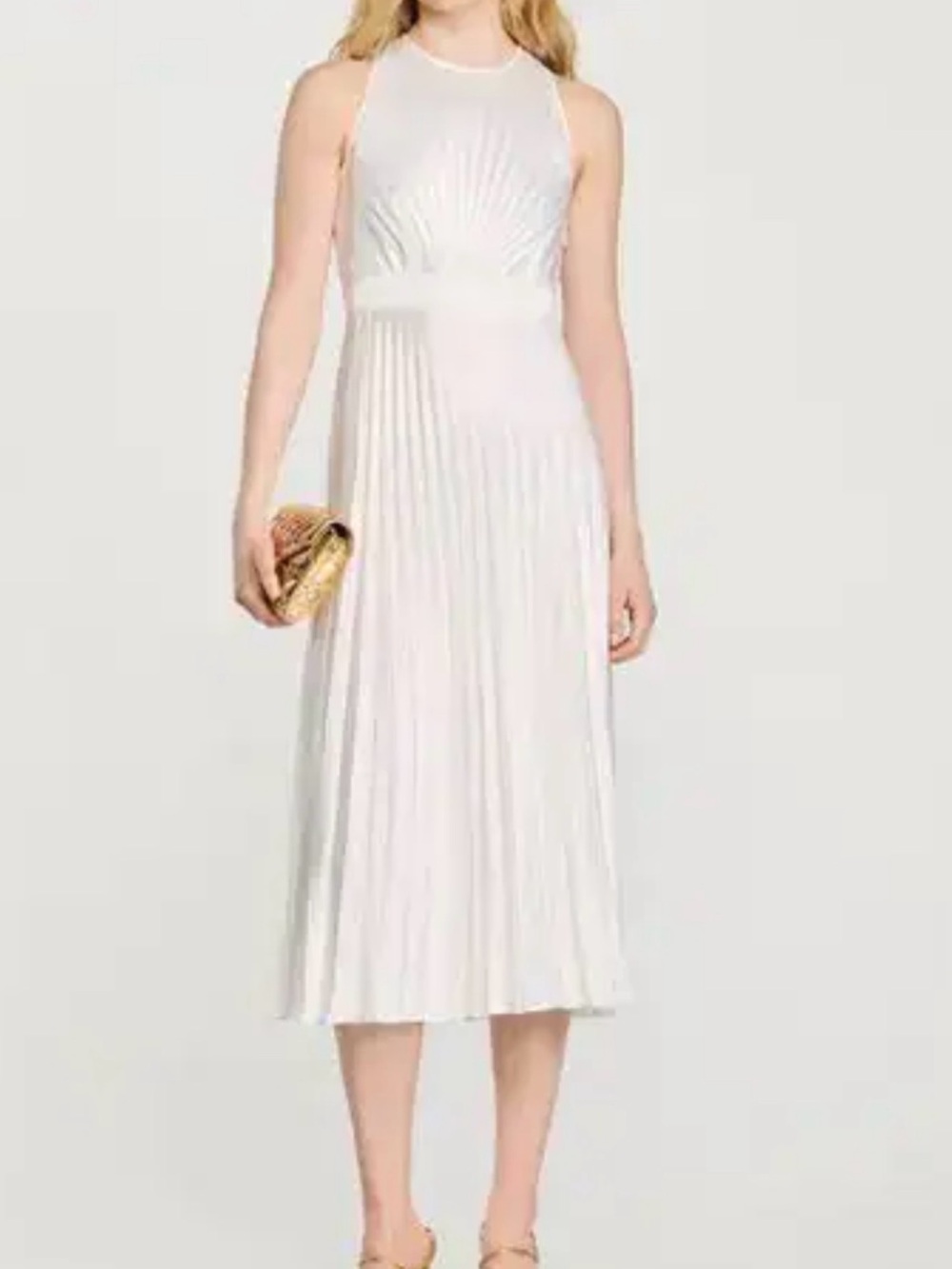 Sandro White Pleated Sleeveless Midi Dress